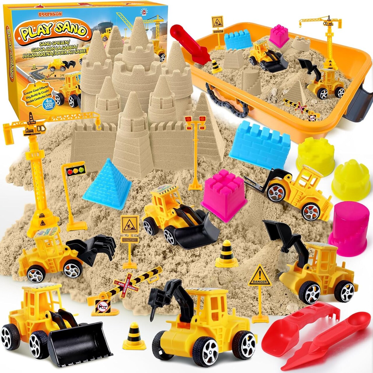 Summer Construction Sensory Bin - Play Sand Kit with Toy Truck and 4lbs Magical Sand, Pretend Play Beach Sensory Toy Sandbox, Kids Gifts for Girls and Boys